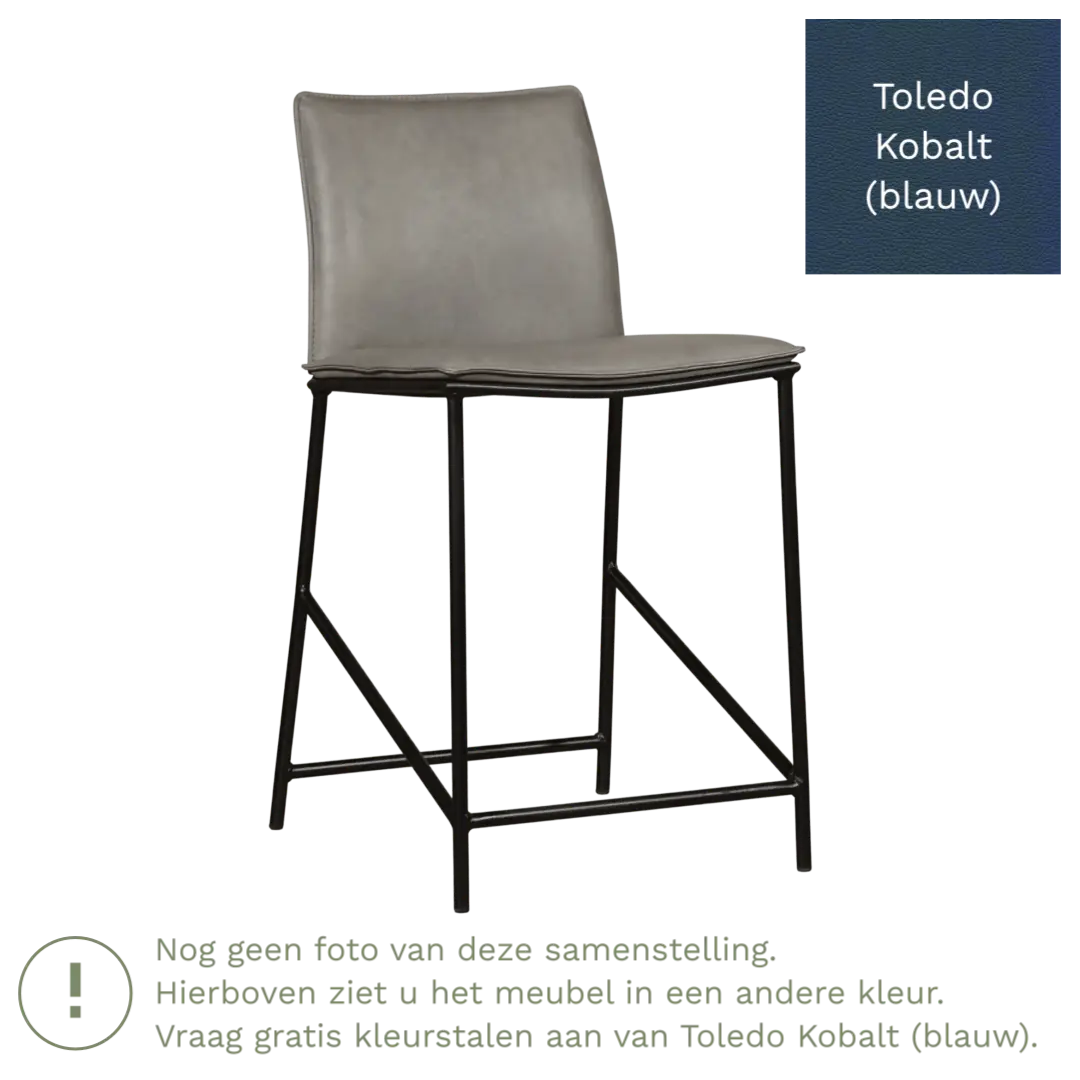 afbeelding van Leren barkruk laag Favor - Toledo Kobalt (blauw) - poten staal rond zwart